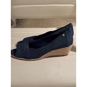 Aubrey Lynn Denim Wedge Espadrille Peep Toe Shoes Women Size 9.5‎
